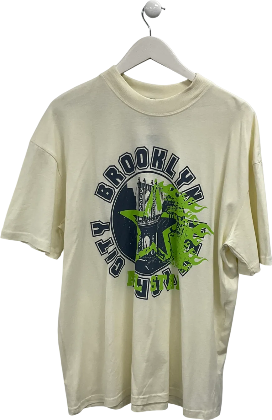 boohooMan Cream Oversized Varsity Flame Overdye T-shirt UK M