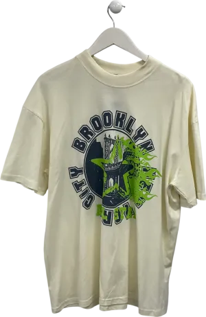 boohooMan Cream Oversized Varsity Flame Overdye T-shirt UK M