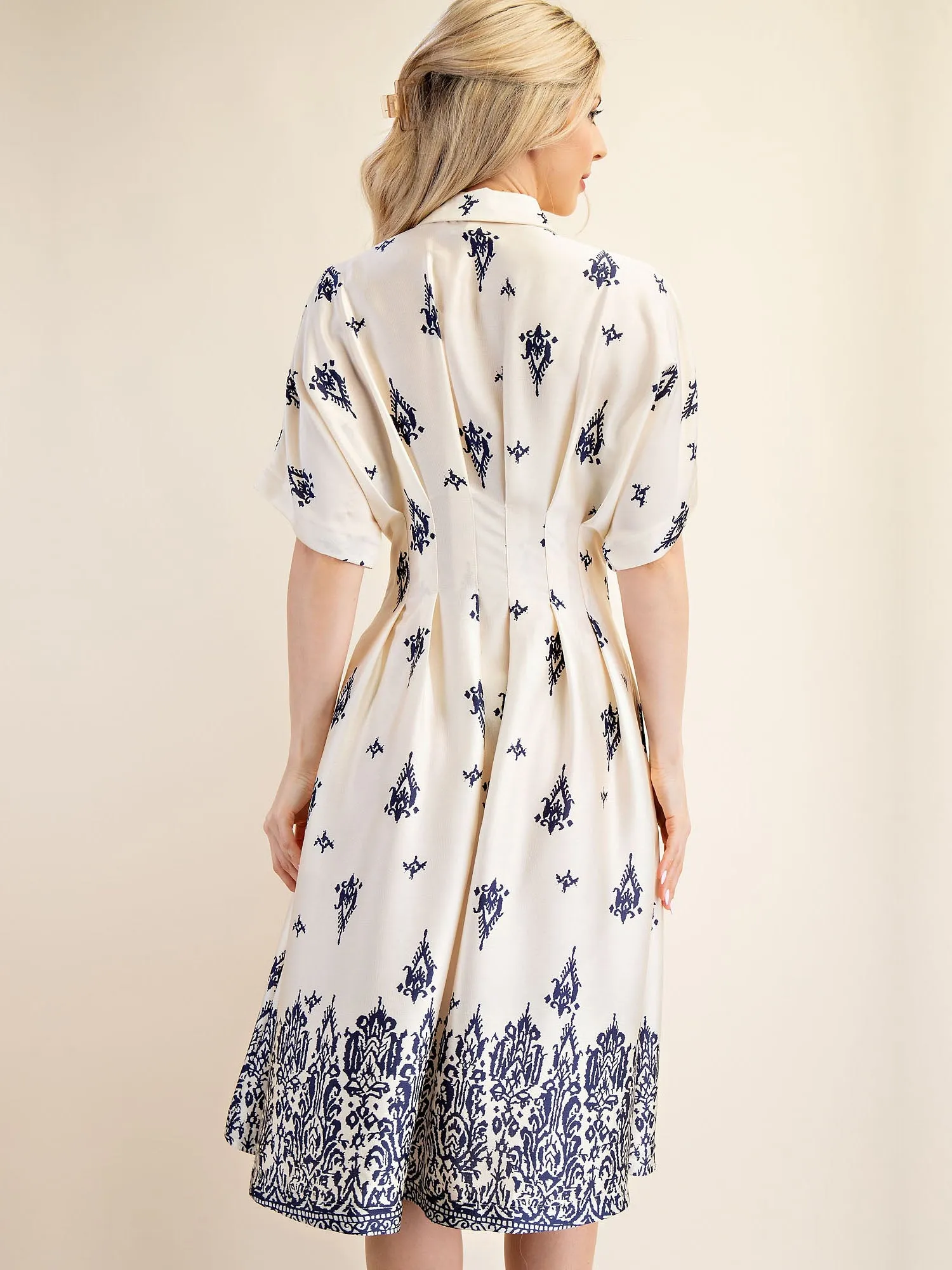 Border Print Collared Shirt Midi Dress