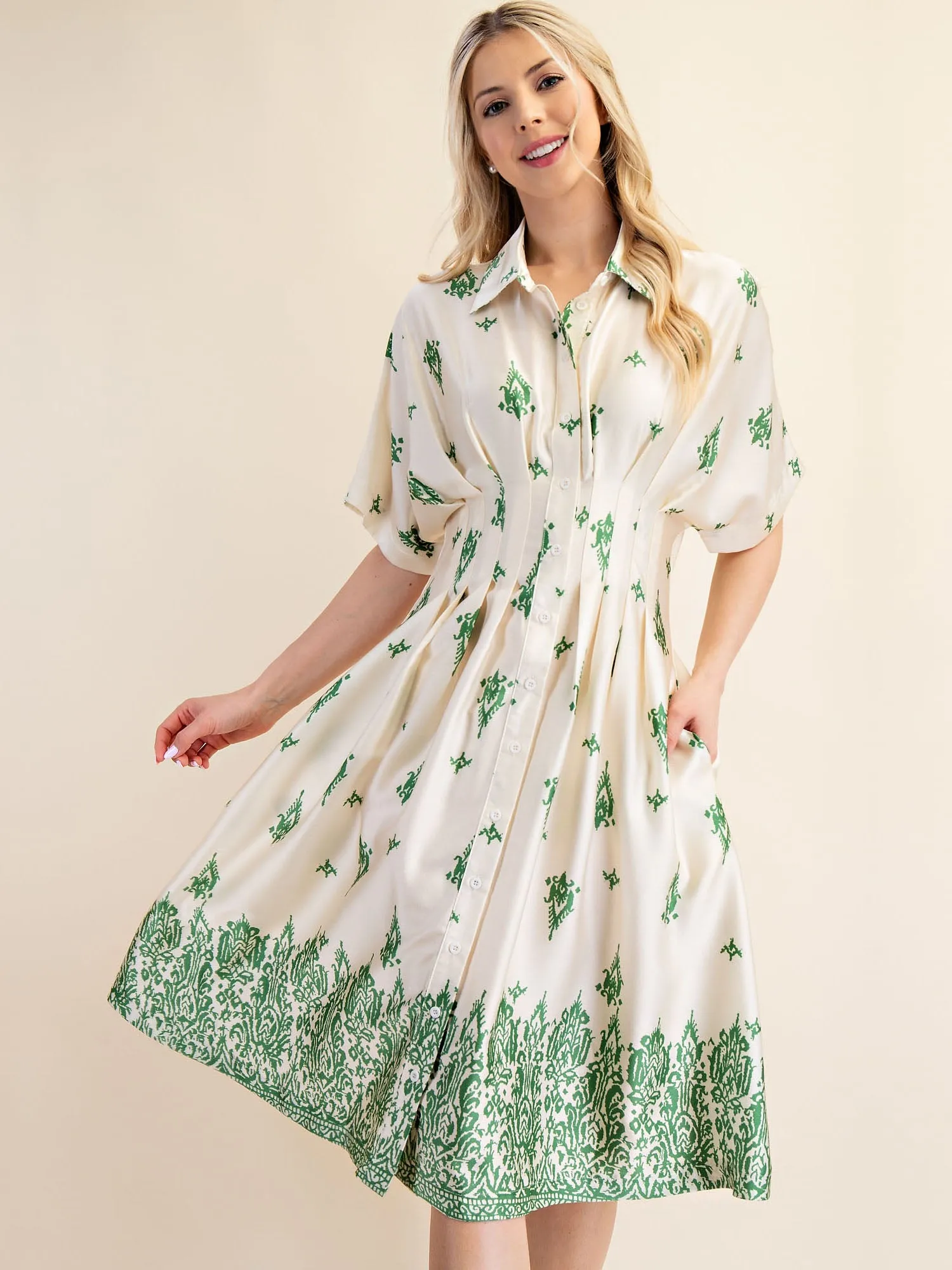 Border Print Collared Shirt Midi Dress