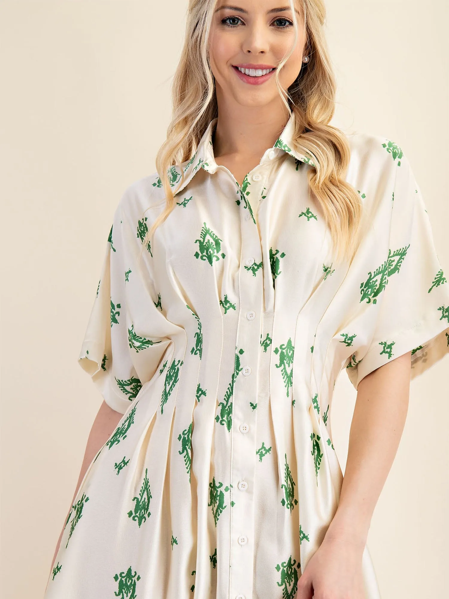 Border Print Collared Shirt Midi Dress
