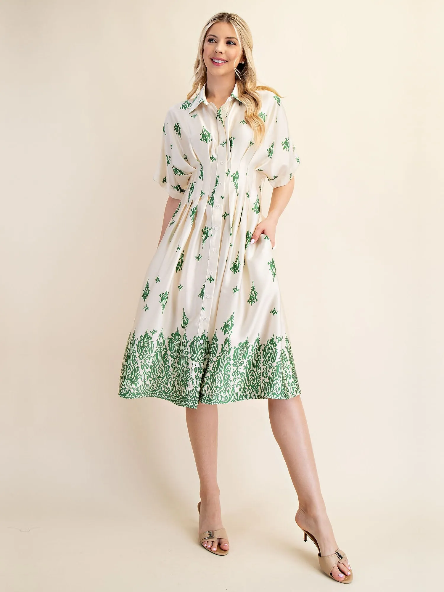 Border Print Collared Shirt Midi Dress