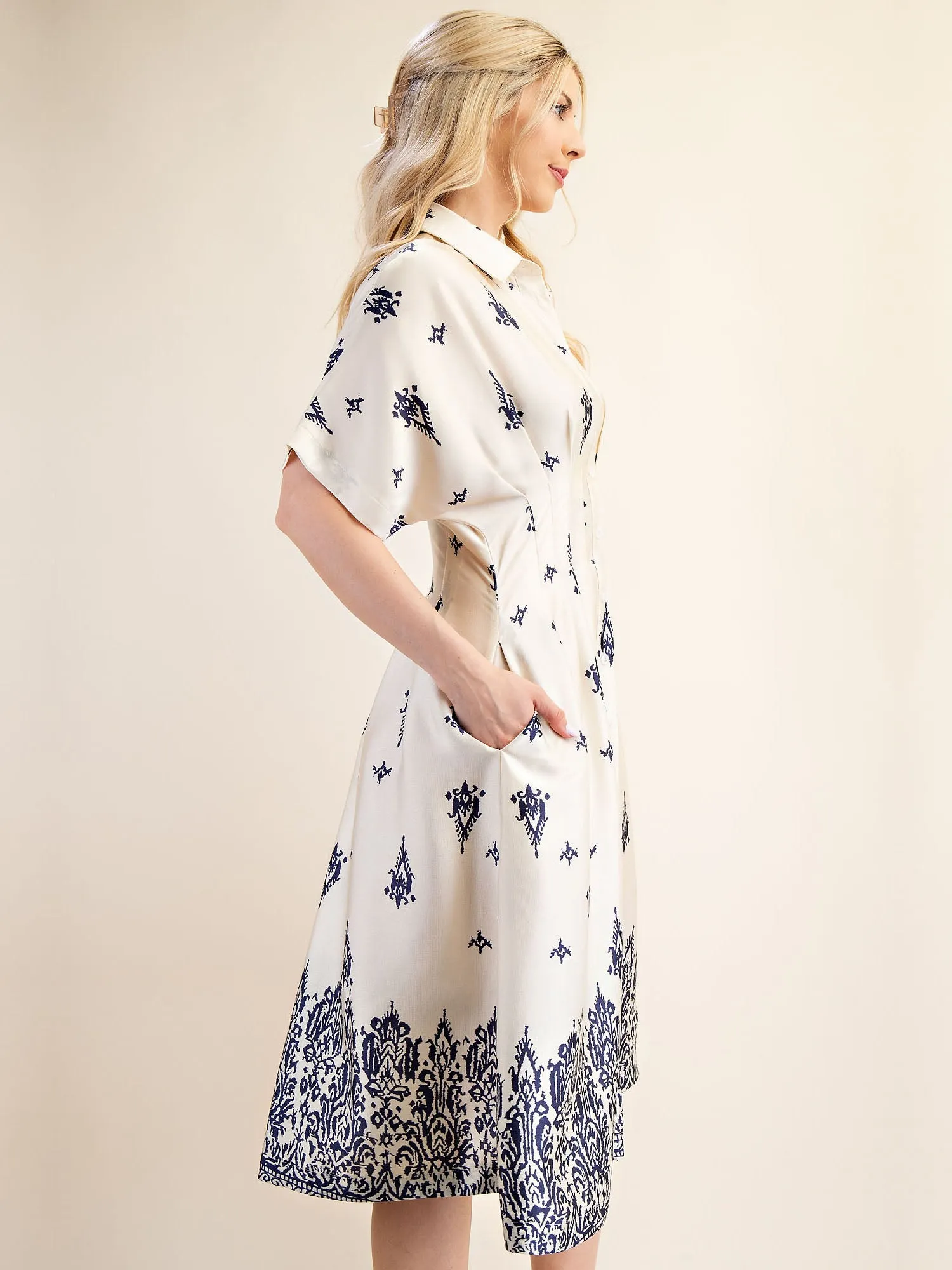 Border Print Collared Shirt Midi Dress