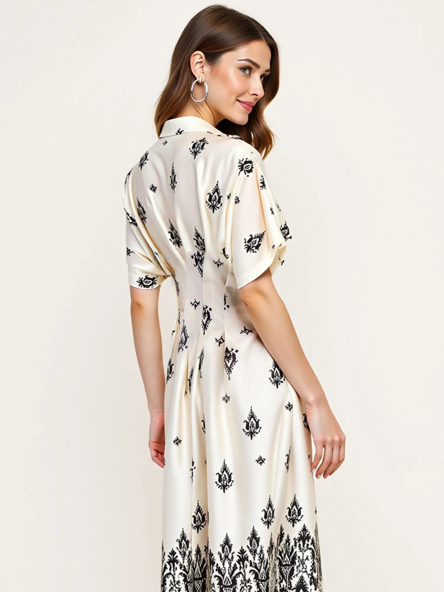 Border Print Collared Shirt Midi Dress