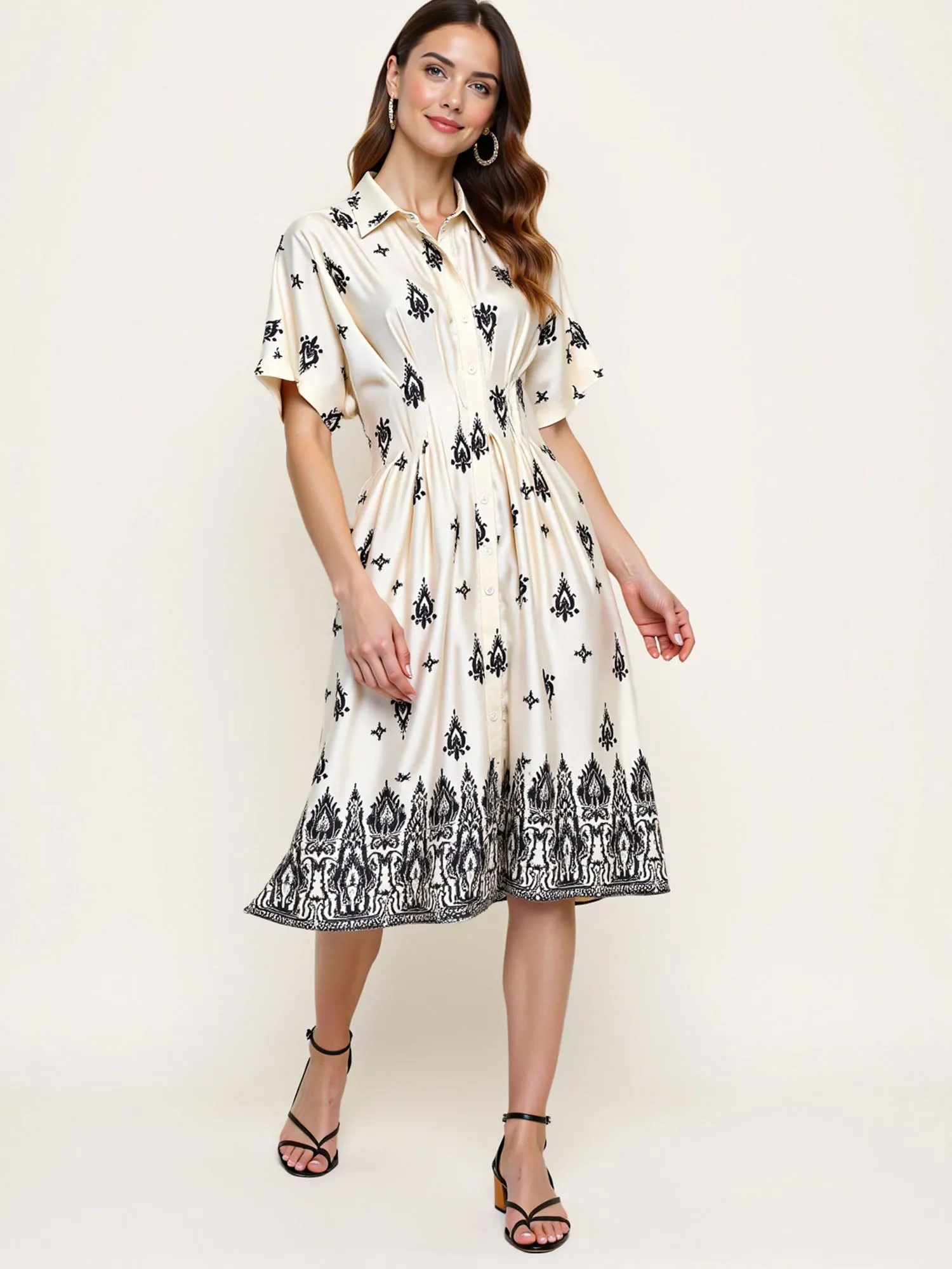 Border Print Collared Shirt Midi Dress