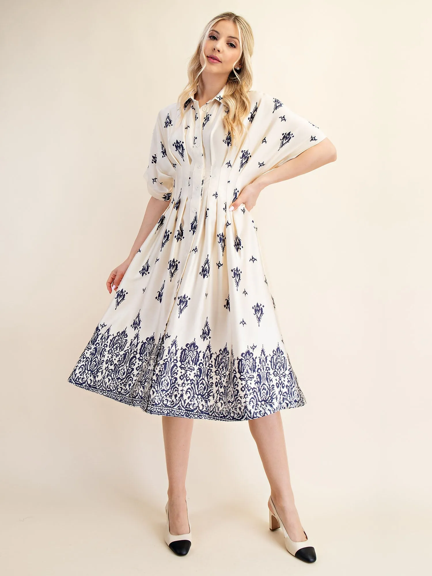 Border Print Collared Shirt Midi Dress