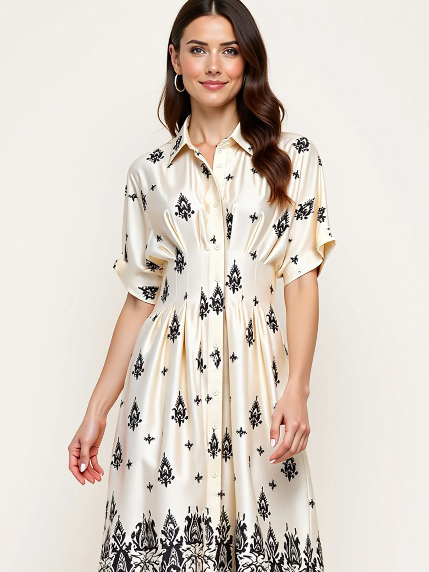 Border Print Collared Shirt Midi Dress