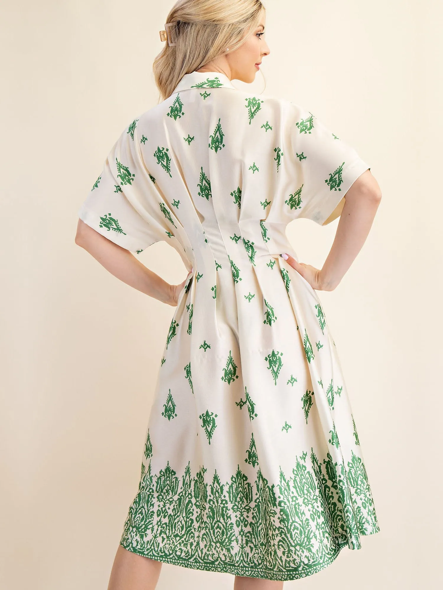 Border Print Collared Shirt Midi Dress