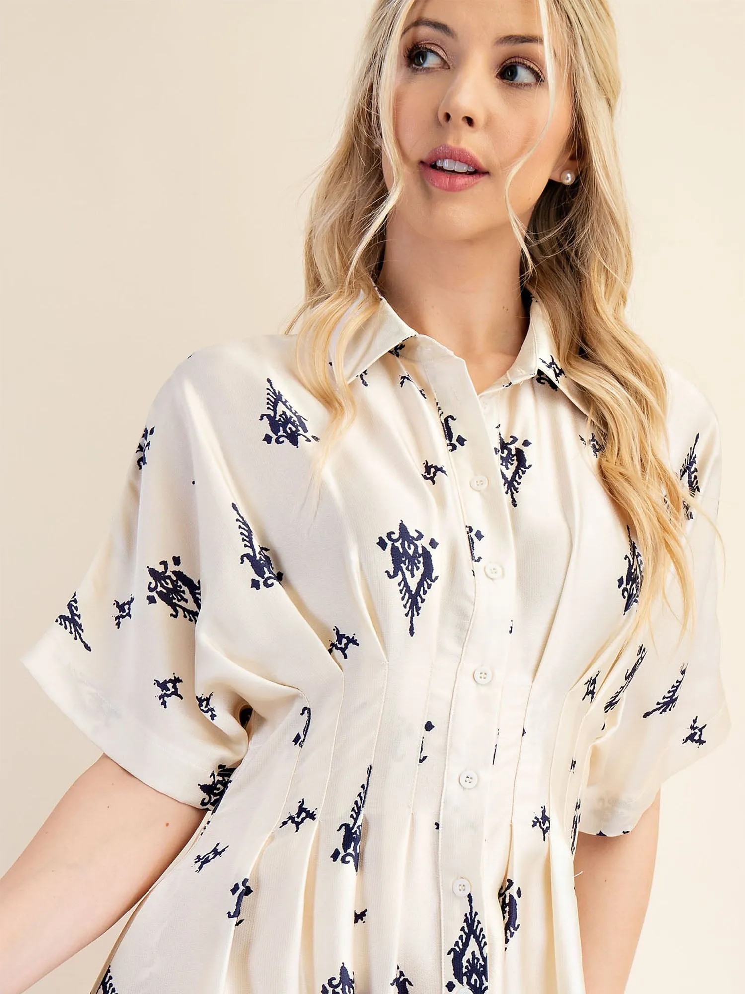 Border Print Collared Shirt Midi Dress