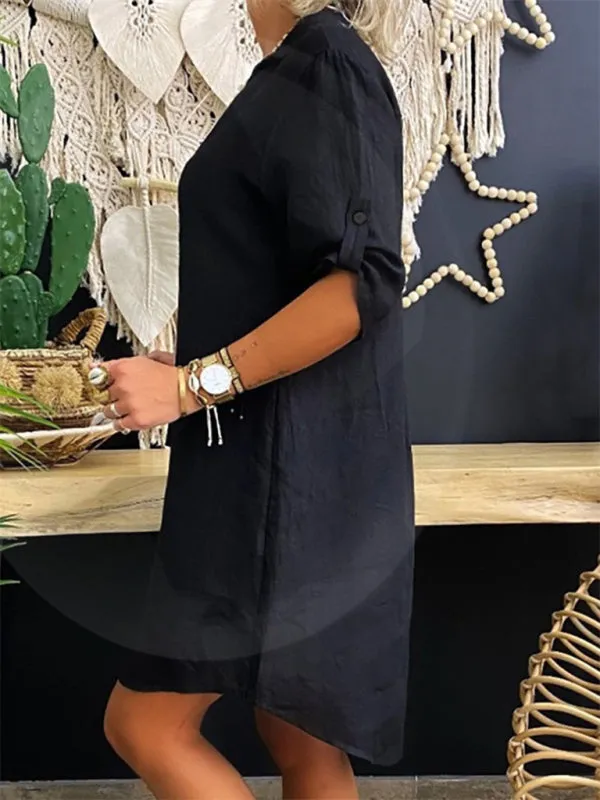 Casual Cotton Mini Dress with Collared Neckline and Solid Print