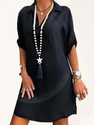 Casual Cotton Mini Dress with Collared Neckline and Solid Print