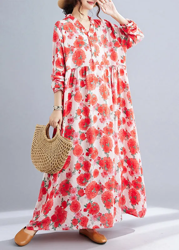 Casual Red Oversized Print Cotton Holiday Dresses Spring