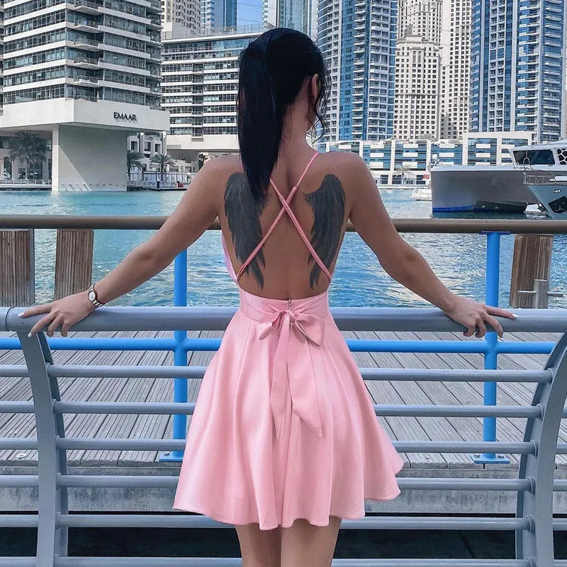 Charming Spaghetti Straps Open Back Short Homecoming Dresses, HD0180