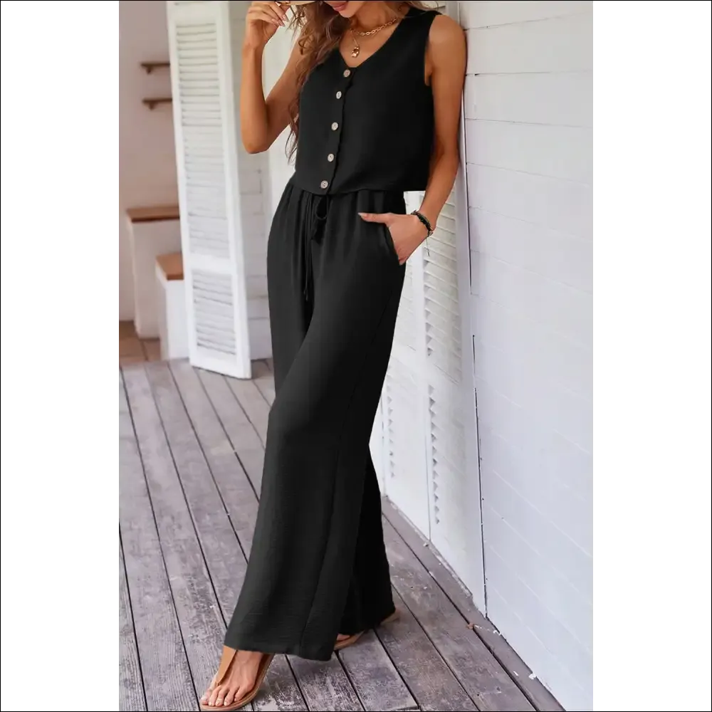 Chic Black Buttoned Vest & Wide Leg Pants Set