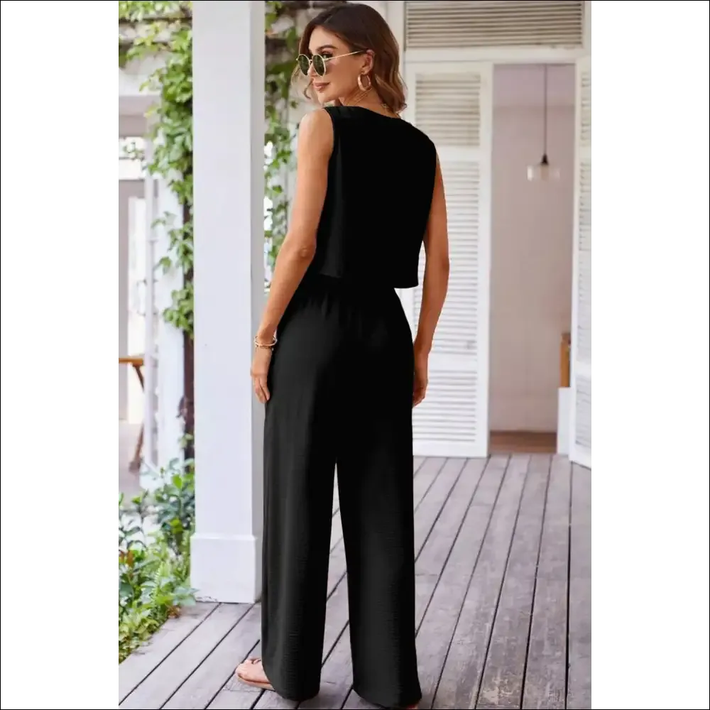 Chic Black Buttoned Vest & Wide Leg Pants Set