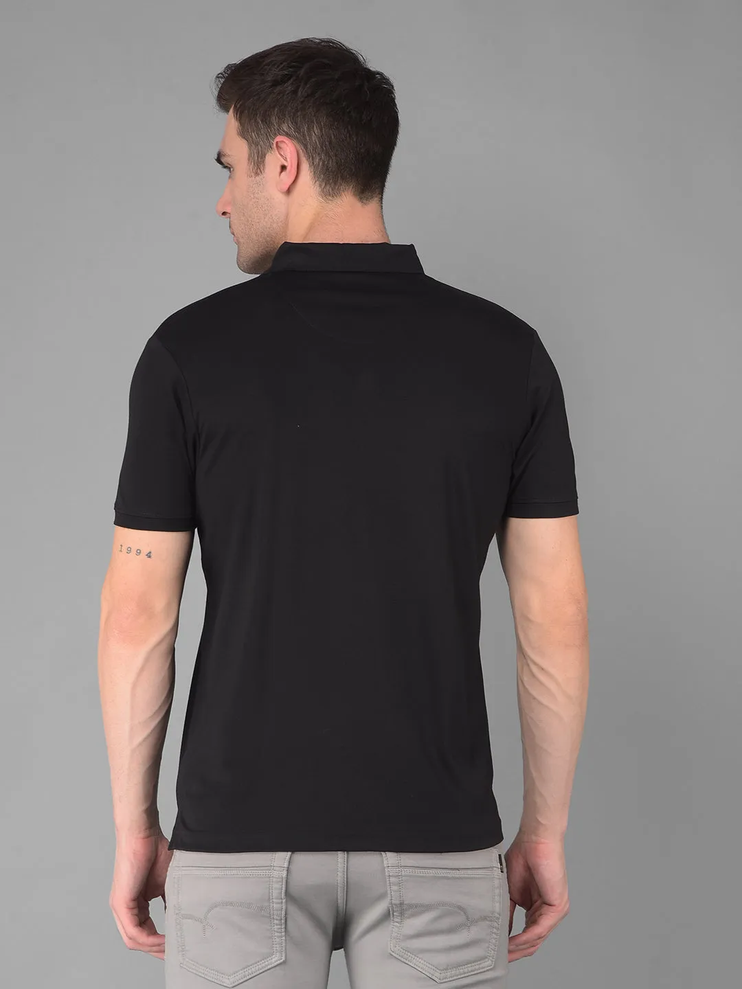 COBB BLACK PRINTED POLO NECK T-SHIRT