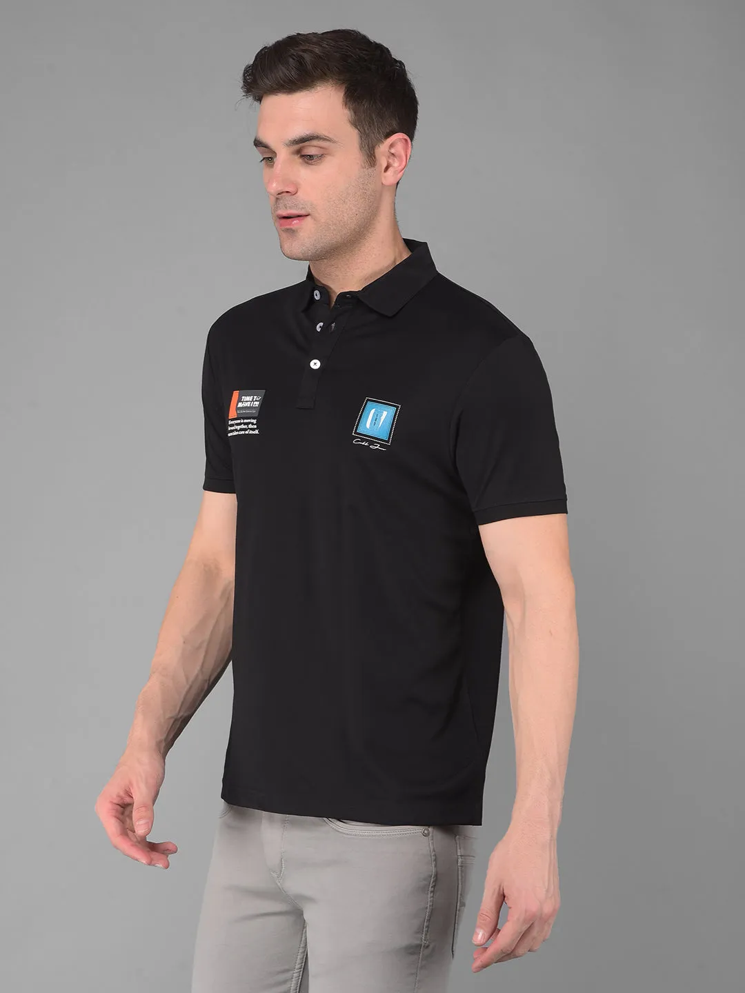 COBB BLACK PRINTED POLO NECK T-SHIRT
