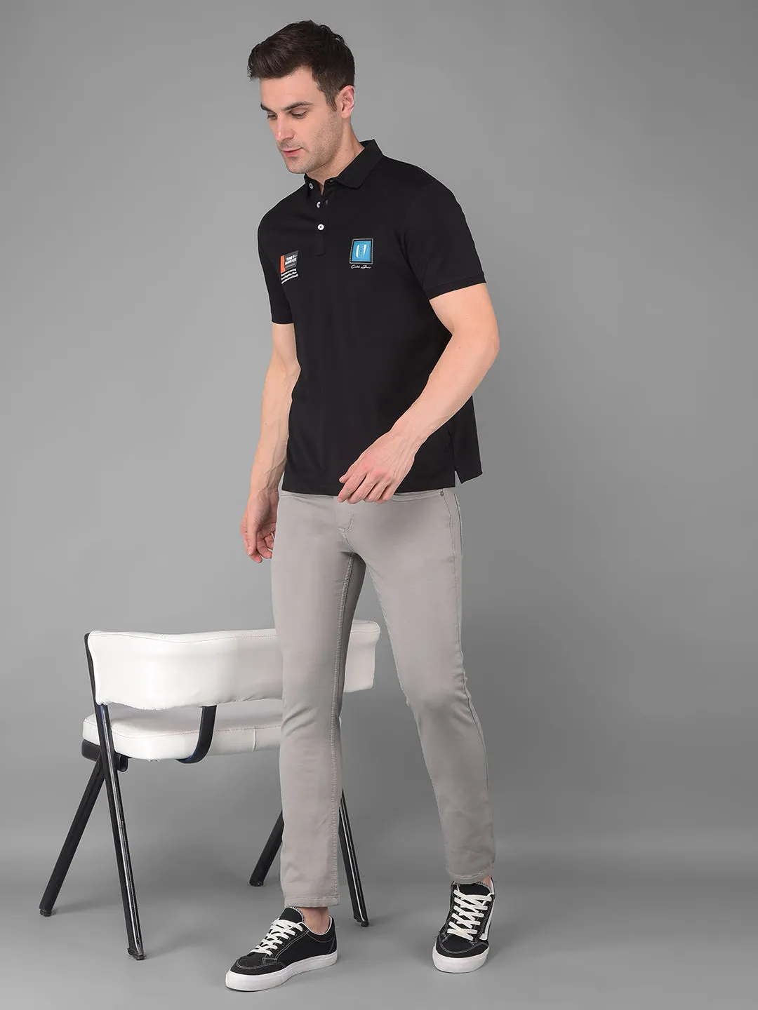 COBB BLACK PRINTED POLO NECK T-SHIRT