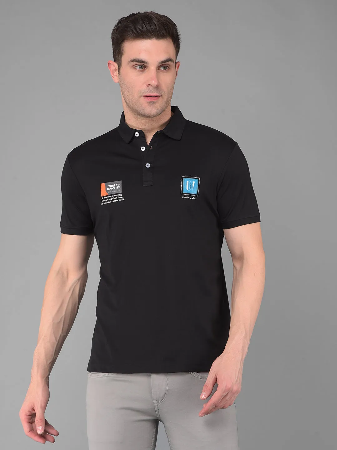 COBB BLACK PRINTED POLO NECK T-SHIRT