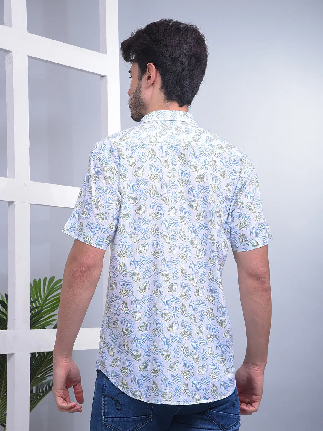 COBB WHITE PRINTED HALF-SLEEVE CASUAL SHIRT
