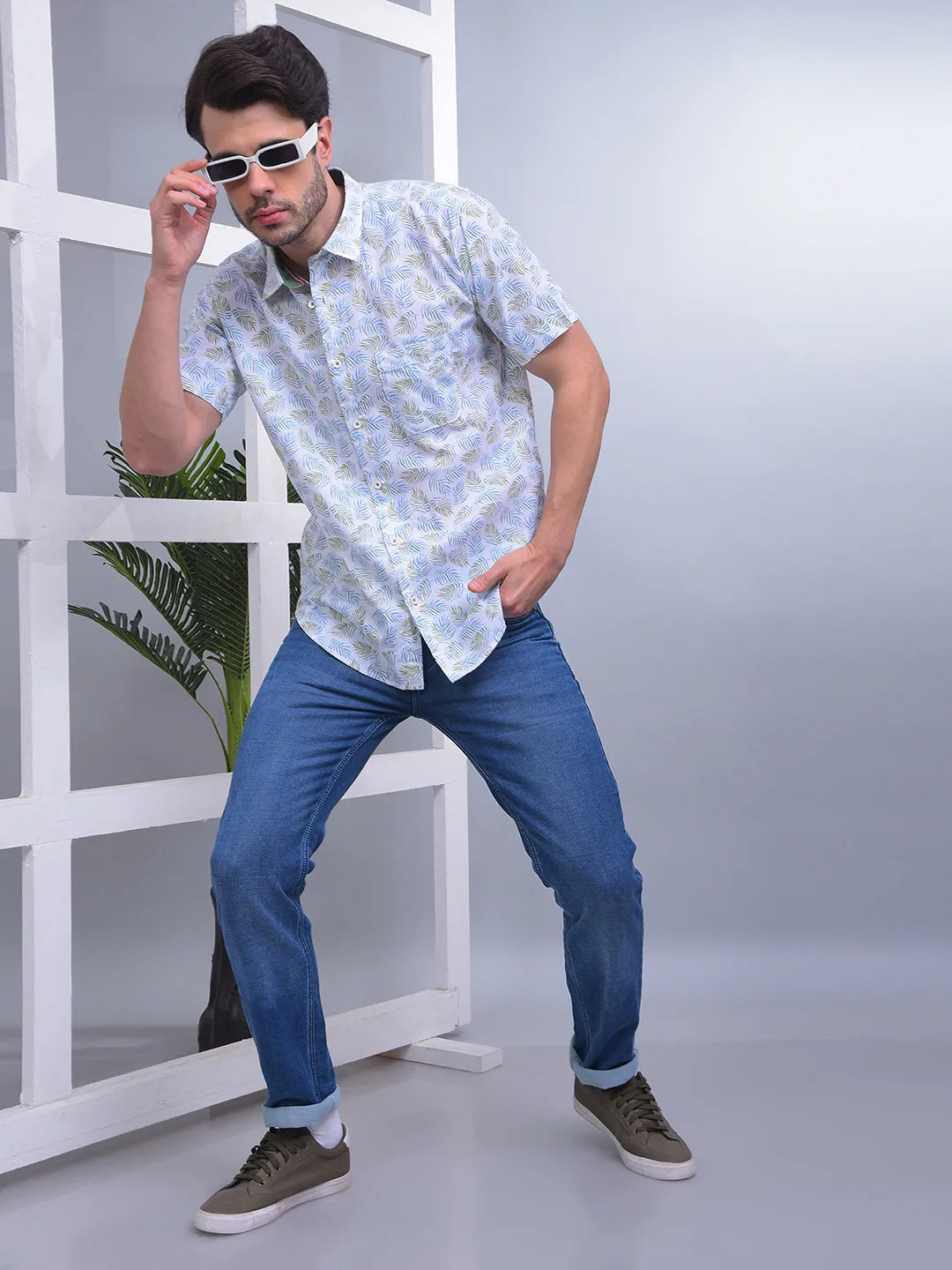 COBB WHITE PRINTED HALF-SLEEVE CASUAL SHIRT