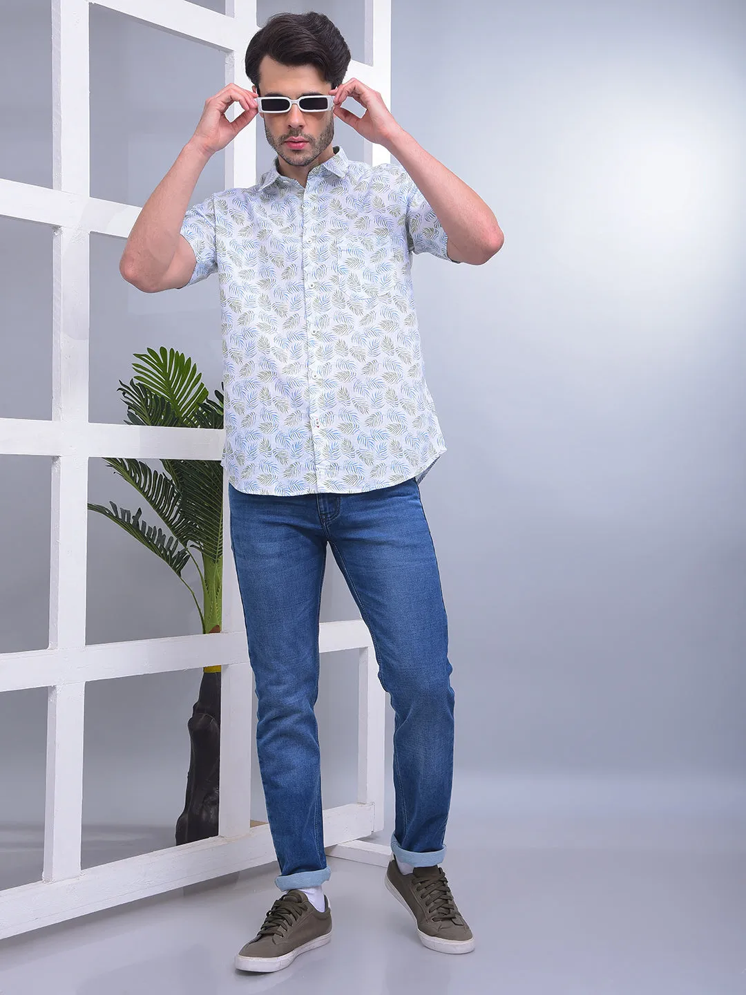 COBB WHITE PRINTED HALF-SLEEVE CASUAL SHIRT
