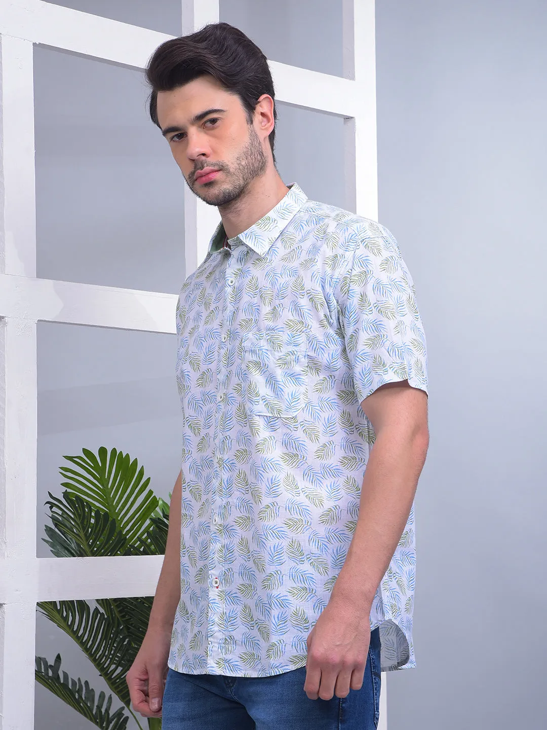 COBB WHITE PRINTED HALF-SLEEVE CASUAL SHIRT