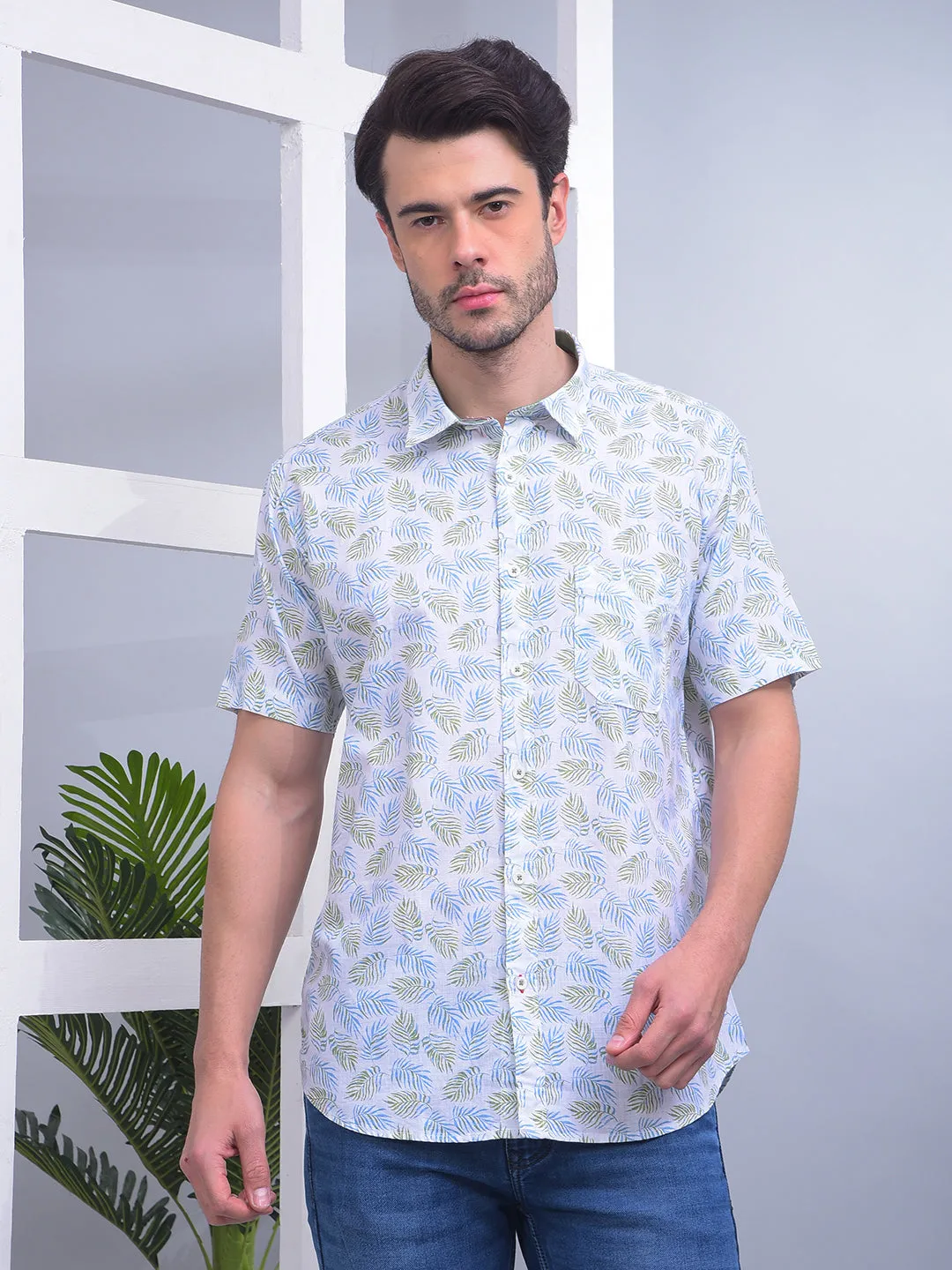 COBB WHITE PRINTED HALF-SLEEVE CASUAL SHIRT