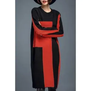 Color Block Knitted Oversized Dress - Orange Yellow Xl