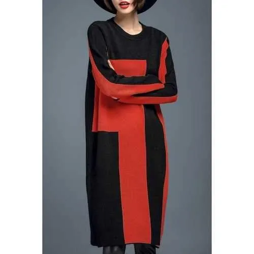 Color Block Knitted Oversized Dress - Orange Yellow Xl