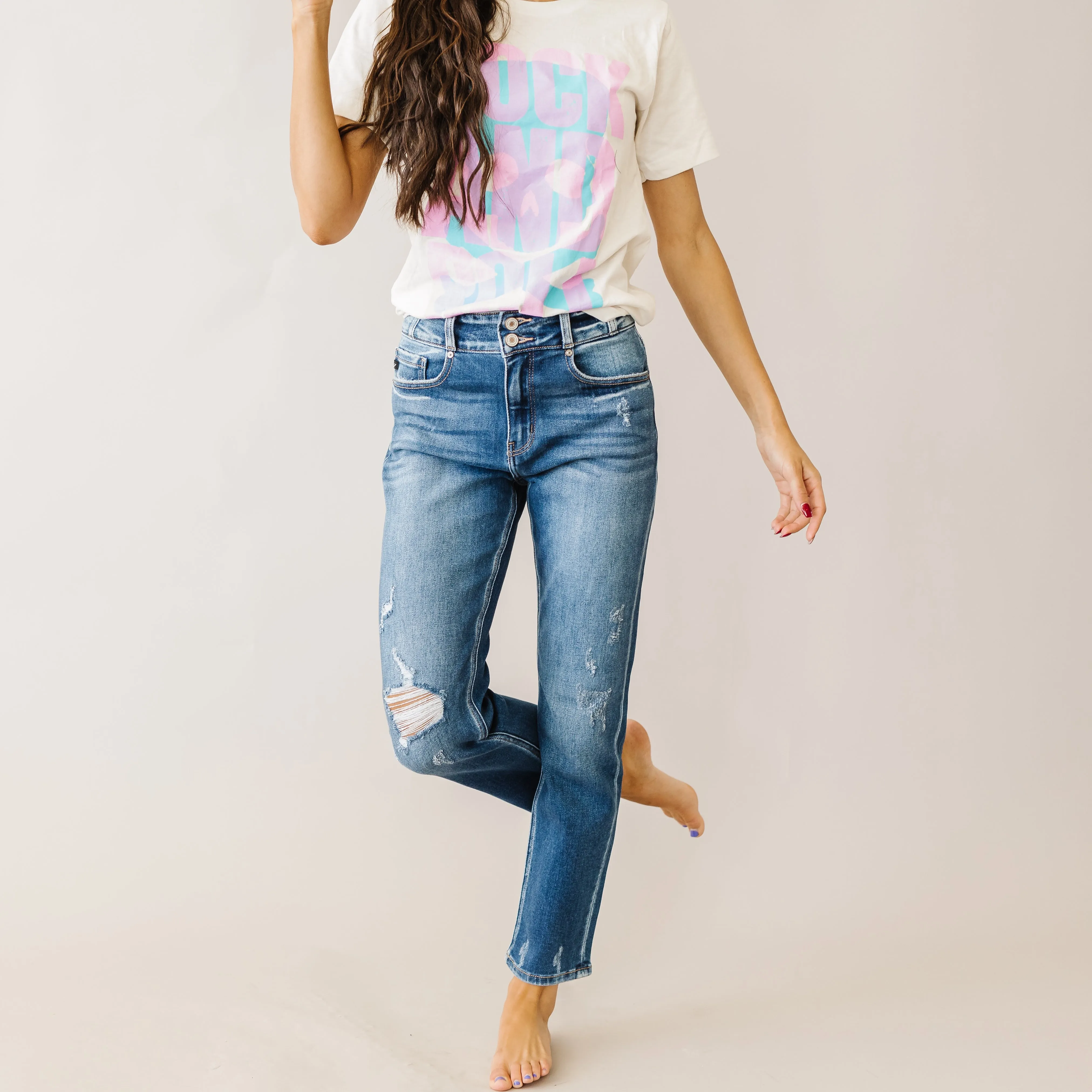 Crazy Little Thing Kancan High Rise Button Straight Denim
