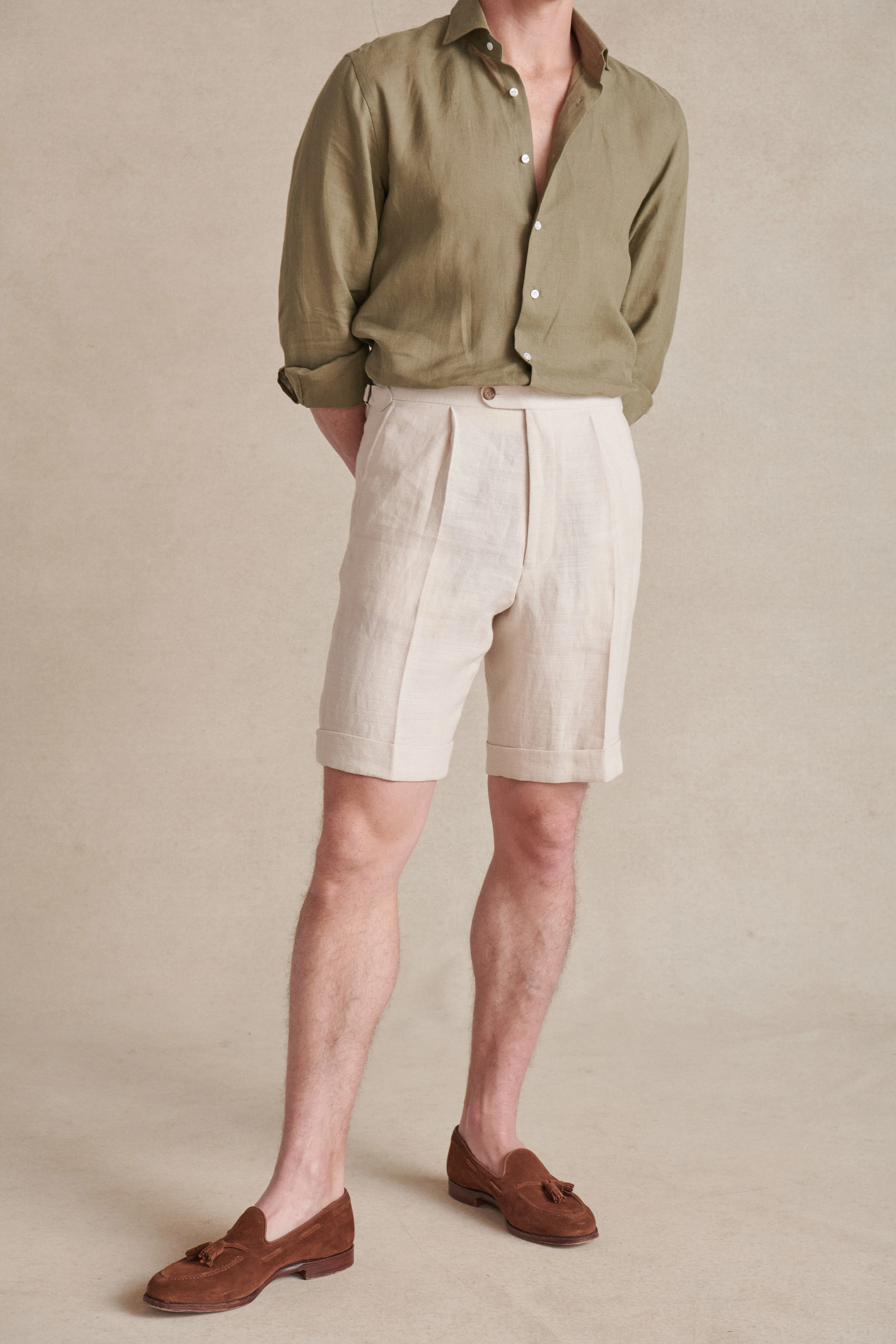 Cream Single Pleat Linen Shorts