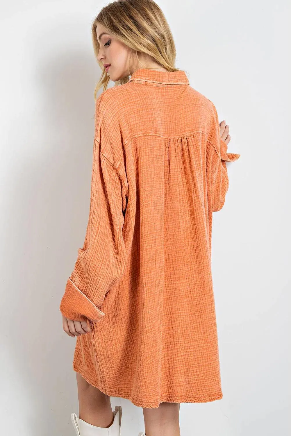Crinkled Dual Pocket Oversized Shirt Dress