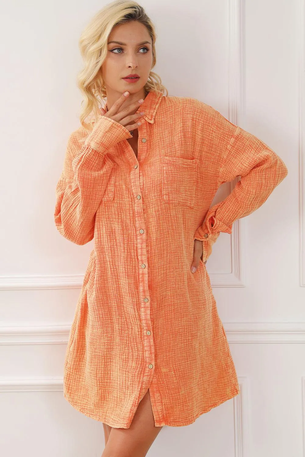 Crinkled Dual Pocket Oversized Shirt Dress