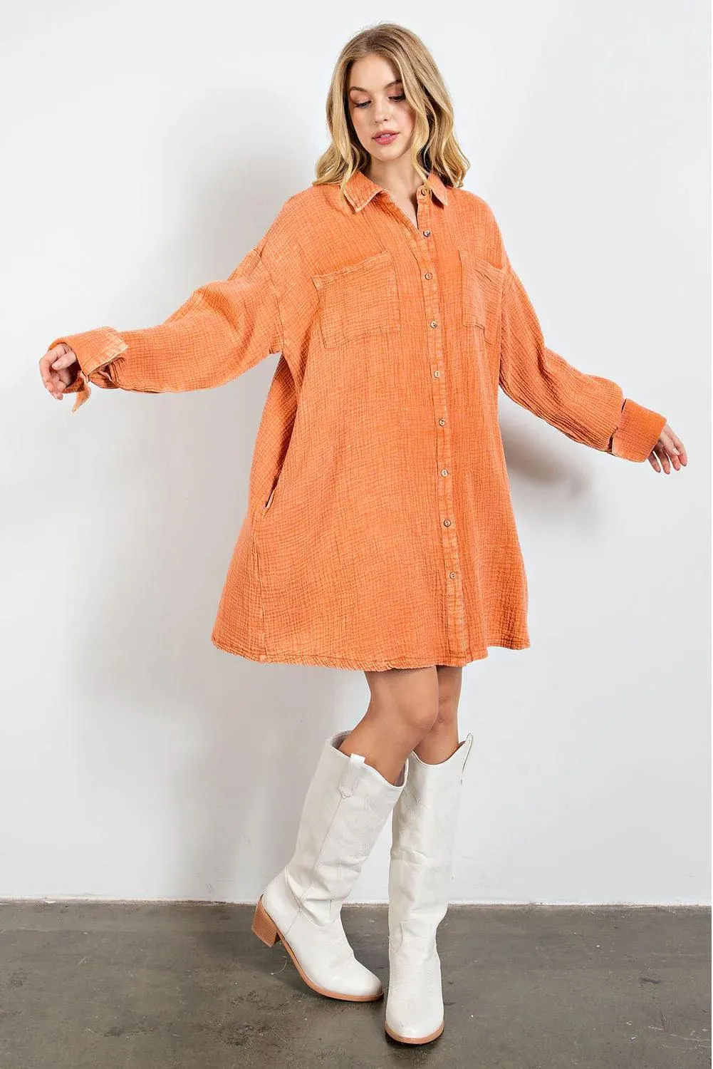 Crinkled Dual Pocket Oversized Shirt Dress