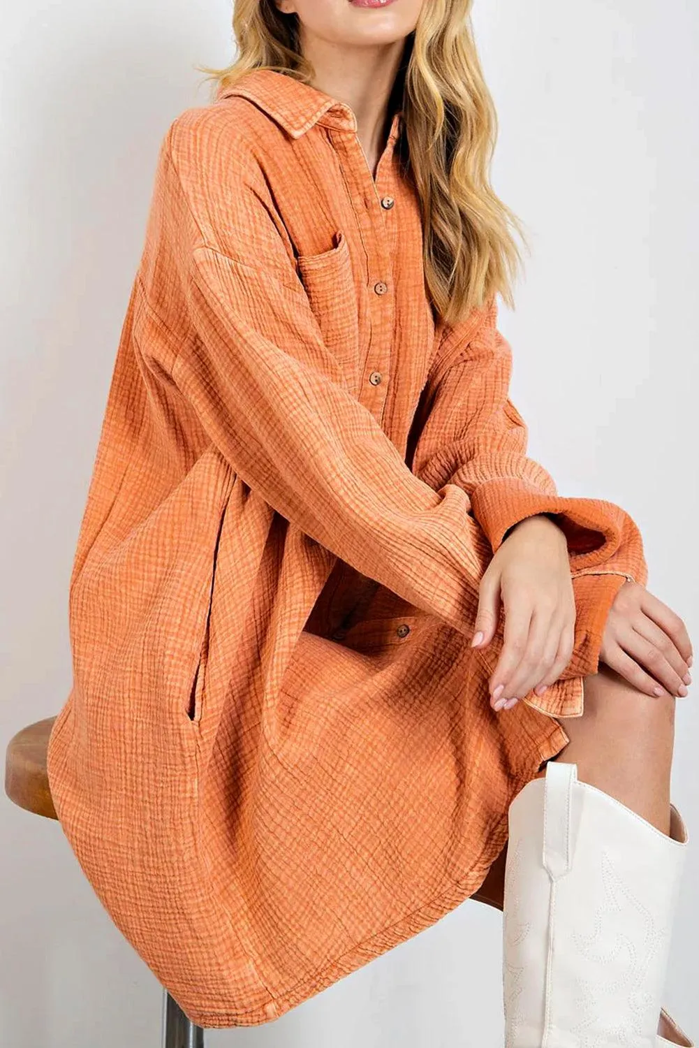 Crinkled Dual Pocket Oversized Shirt Dress