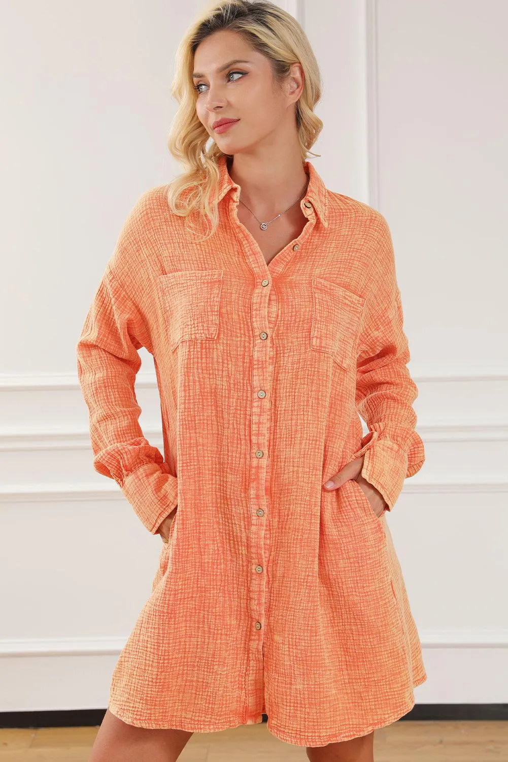Crinkled Dual Pocket Oversized Shirt Dress