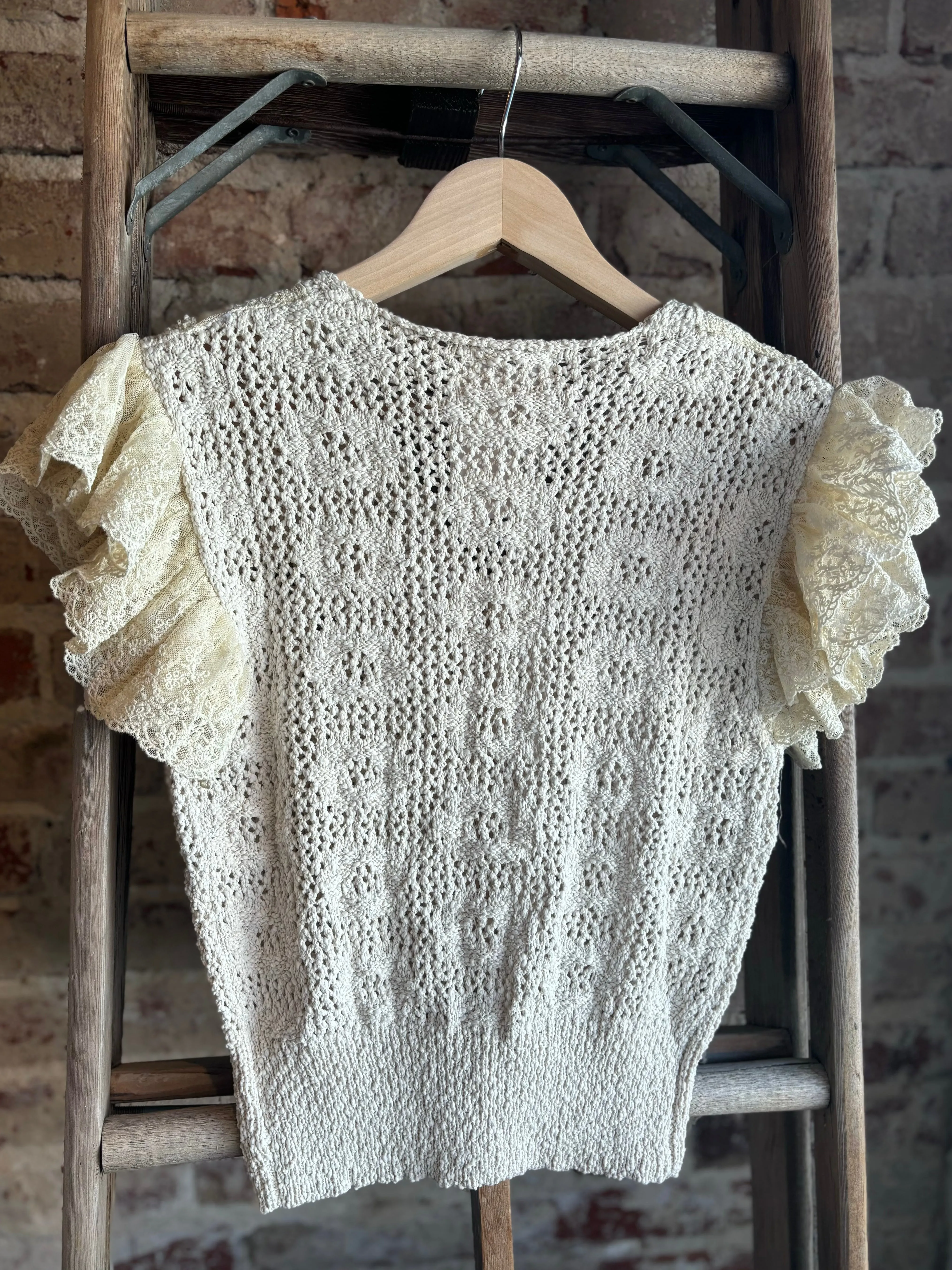 Crochet Button Down Ruffle Sleeved Top