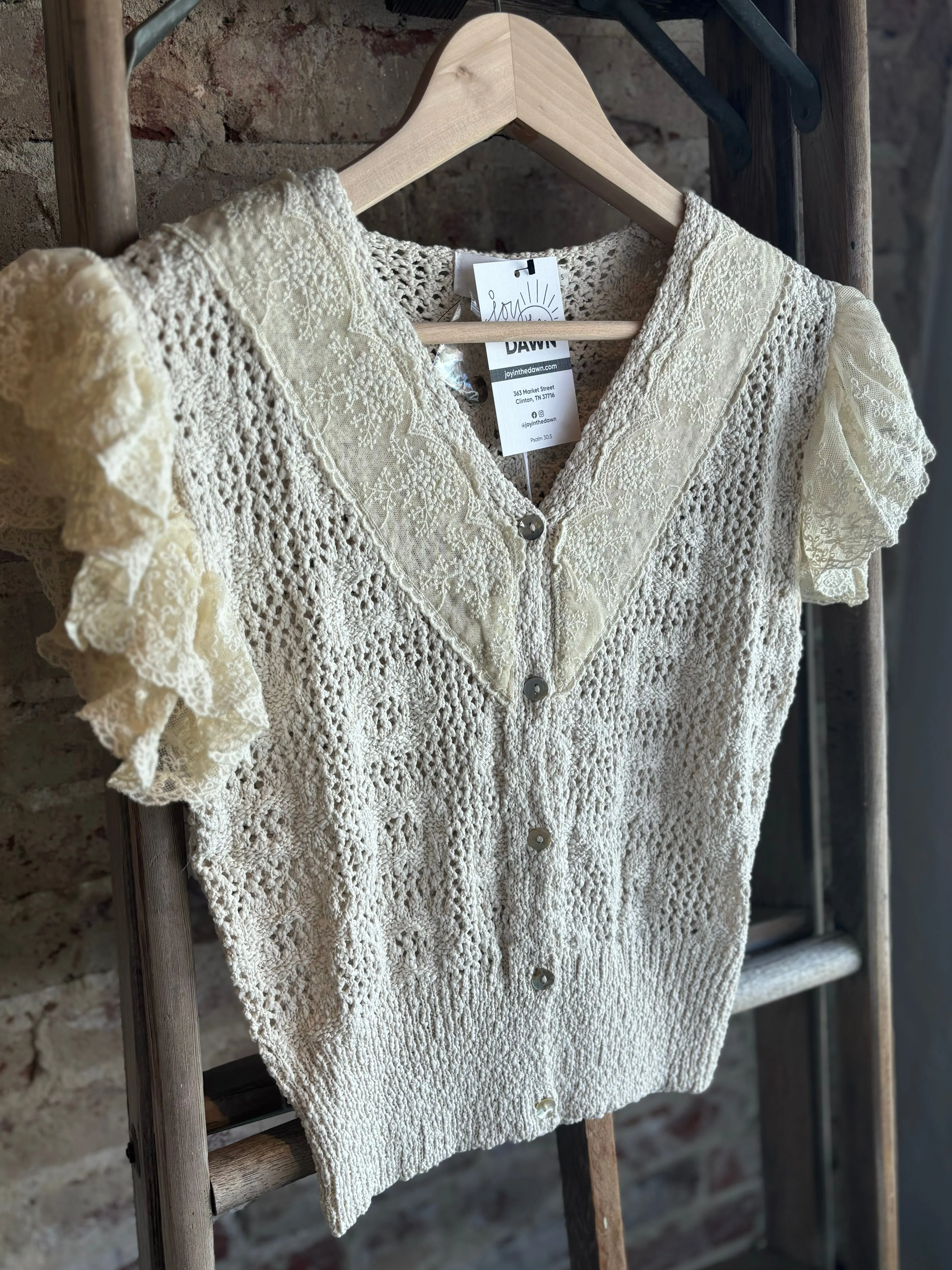 Crochet Button Down Ruffle Sleeved Top