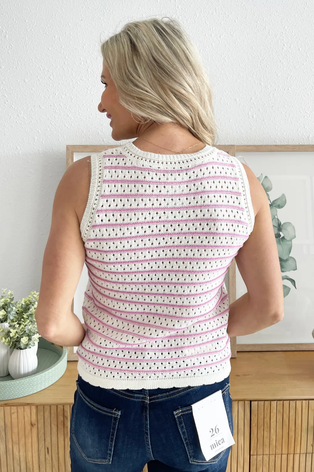 Crochet Stripe Sleeveless Crew Neck Pullover Sweater