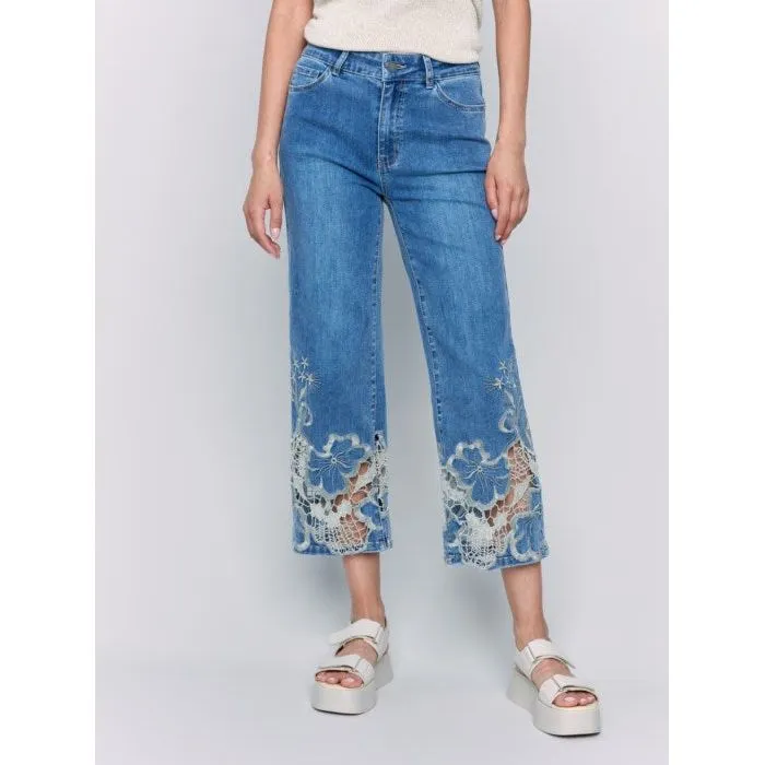 Crop Flare Leg Jeans with Laser Cut Lace Hem