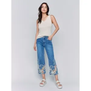 Crop Flare Leg Jeans with Laser Cut Lace Hem
