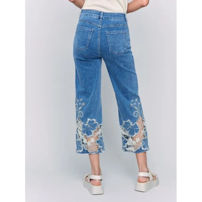 Crop Flare Leg Jeans with Laser Cut Lace Hem