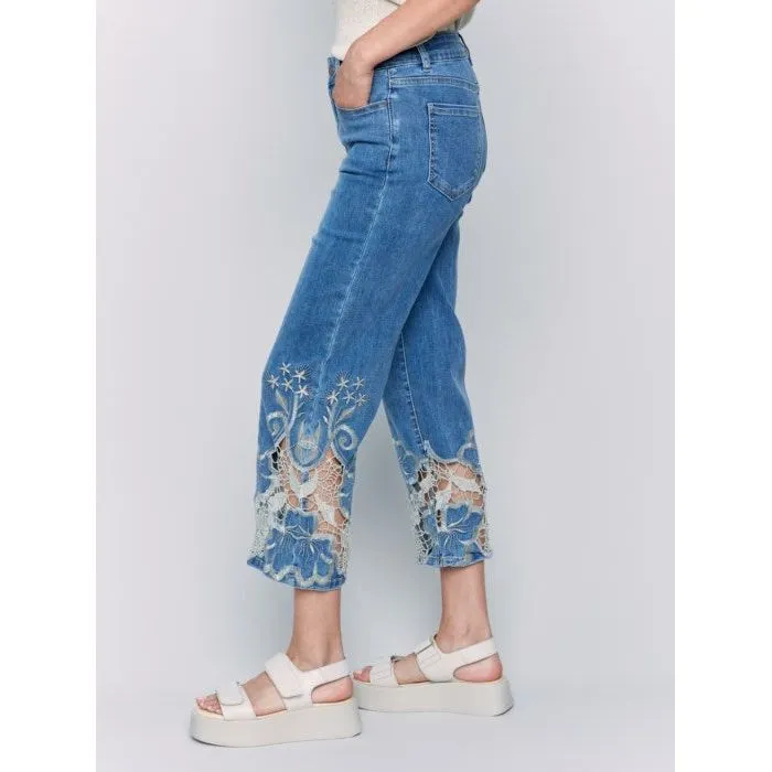 Crop Flare Leg Jeans with Laser Cut Lace Hem