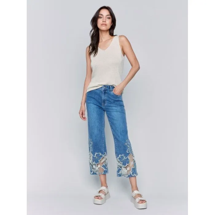 Crop Flare Leg Jeans with Laser Cut Lace Hem