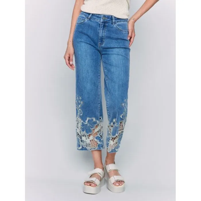 Crop Flare Leg Jeans with Laser Cut Lace Hem