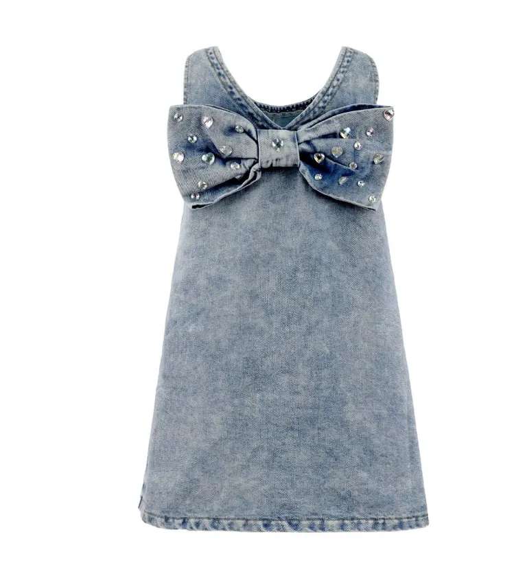 Crystal Heart Denim Bow Dress