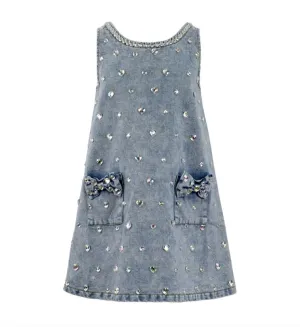 Crystal Heart Denim Bow Dress