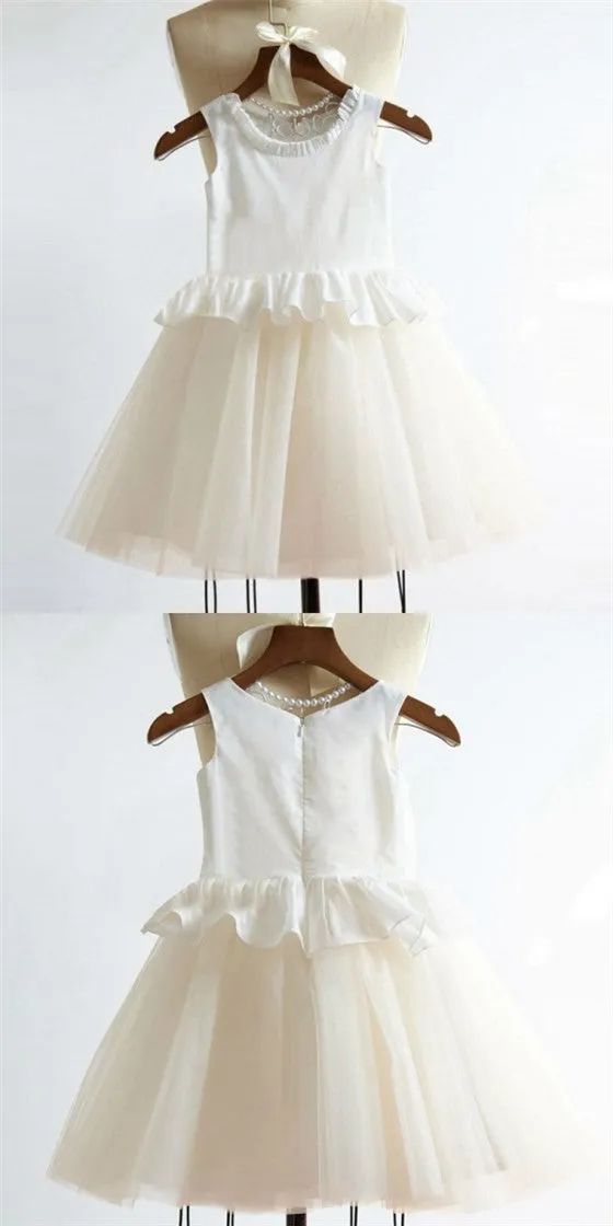 Cute Round Neck Tulle Long Cheap Flower Girl Dresses with Ruffles, QB0105
