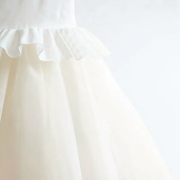 Cute Round Neck Tulle Long Cheap Flower Girl Dresses with Ruffles, QB0105